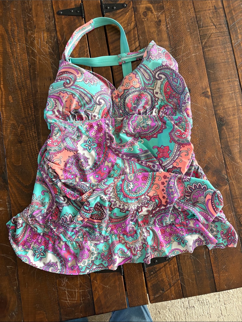 Paisley Ruffled swim dress in Turquoise & Pink